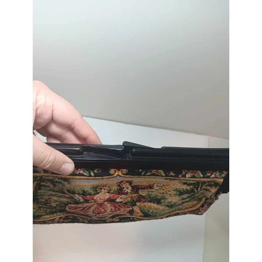 Vtg Handbag Needlepoint Tapestry Courting Couple Gold Black Damascene Clutch